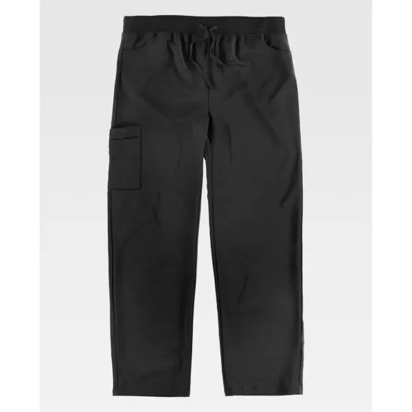 Calça elástica, dois bolsos arredondados nos laterais.