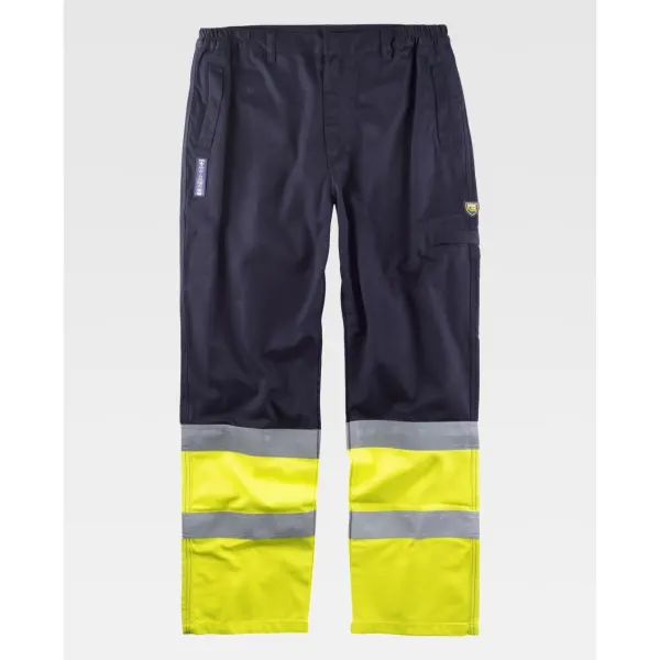 Calça ignífuga, antiestática com proteção para soldadura e arco elétrico, de alta visibilidade.