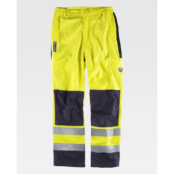 Calça ignífuga, antiestática com protecção para soldadura e arco eléctrico, de alta visibilidade.