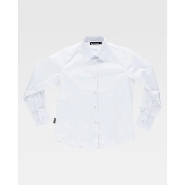 Camisa entalhada de senhora com gola clássica e fecho central de botões