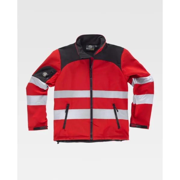 Casaco Workshell com tecido Ripstop combinado com fitas refletoras e corpetes.