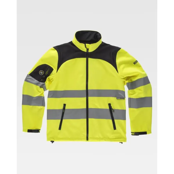 Casaco Workshell com tecido Ripstop combinado com fitas refletoras e corpetes.