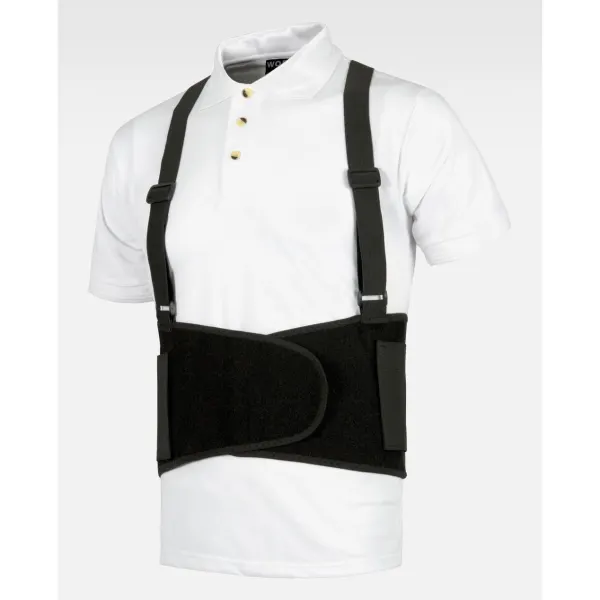Cinta lombar elástica com tirantes, reforçada com barbatanas, ajustável com velcro.