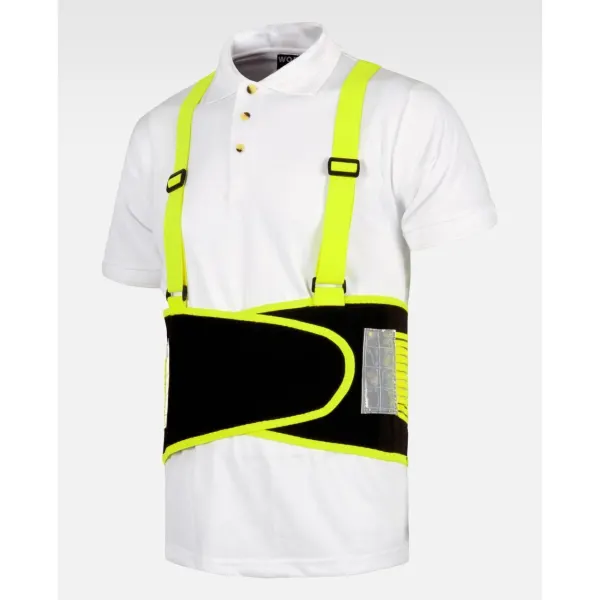 Cinta lombar elástica em alta visibilidade com tirantes, reforçada com barbatanas, adjustável com velcro.