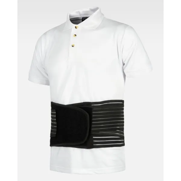 Cinta lombar elástica, reforçada com barbatanas, ajustável com velcro.