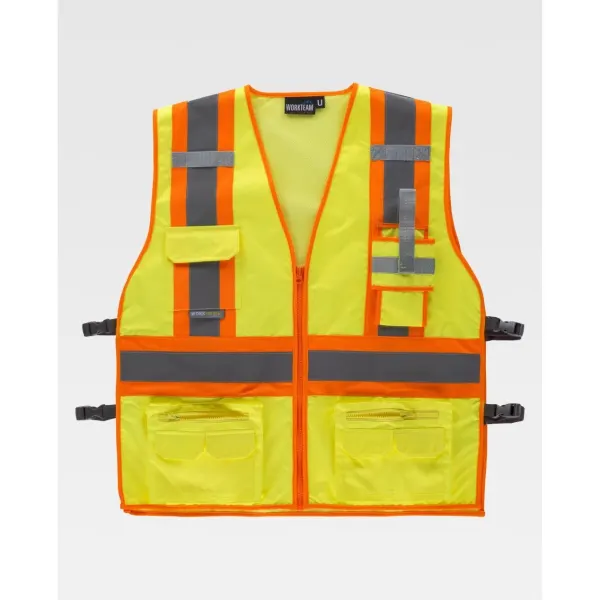 Colete em tecido Oxford refletor-fluorescente com ajustes laterais