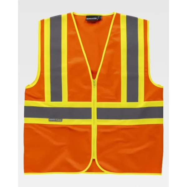 Colete reflector-fluorescente com decote em bico e fecho de correr de nylon