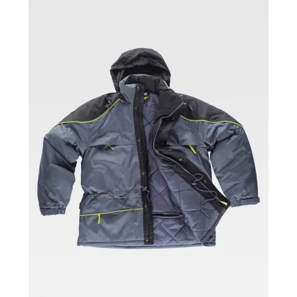 Parka acolchoada combinada com debruns de alta visibilidade.