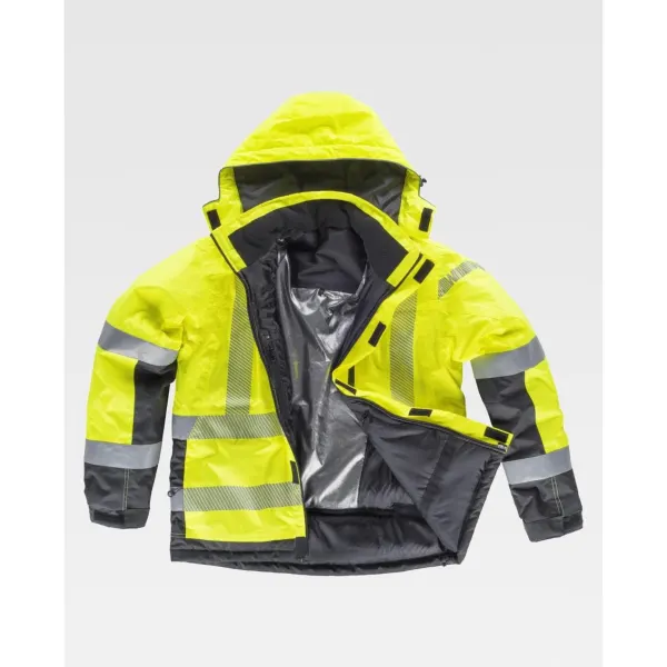 Parka acolchoada e impermeável em tecido Oxford, combinada em alta visibilidade e com fitas refletoras