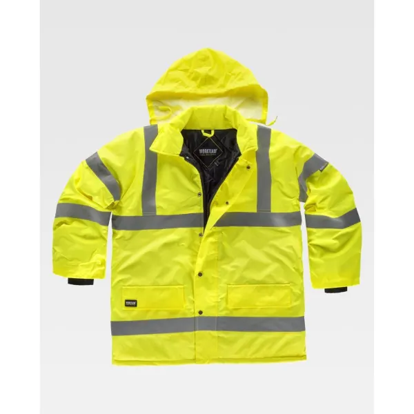 Parka acolchoada e impermeável em tecido Oxford, de alta visibilidade e com fitas refletoras.