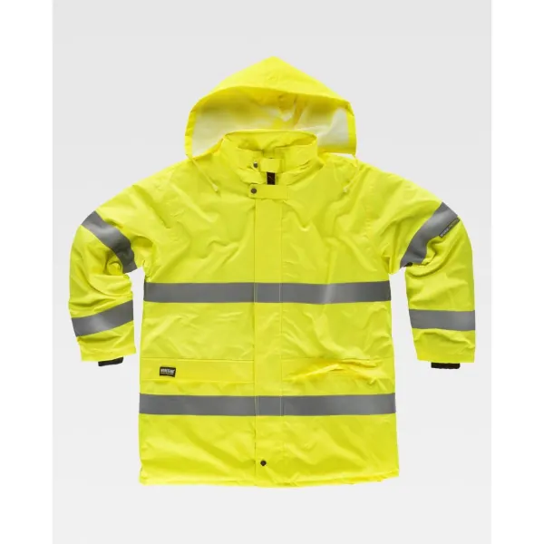 Parka acolchoada e impermeável em tecido Oxford, de alta visibilidade e com fitas refletoras.