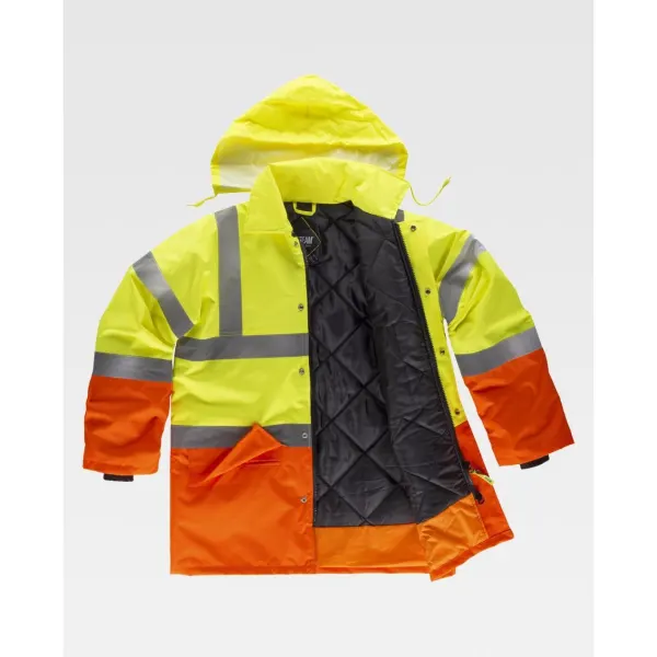 Parka combinada acolchoada e impermeável em tecido Oxford, de alta visibilidade, e com fitas refletoras.
