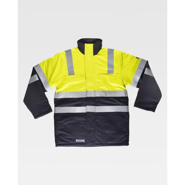 Parka ignífuga, antiestática com protecção para soldadura e arco eléctrico, de alta visibilidade