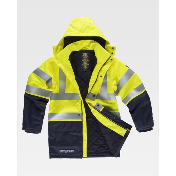 Parka ignífuga, impermeável, alta visibilidade, antiestática com protecção para soldadura, arco elétrico, químicos e frente ao frio